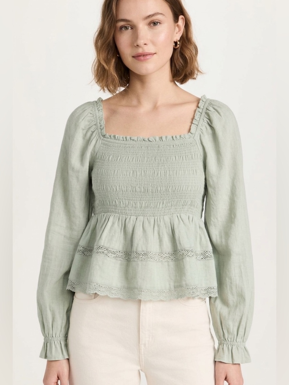 Celebrity Pink Sage Green Smocked Square-Neck Peplum Blouse L